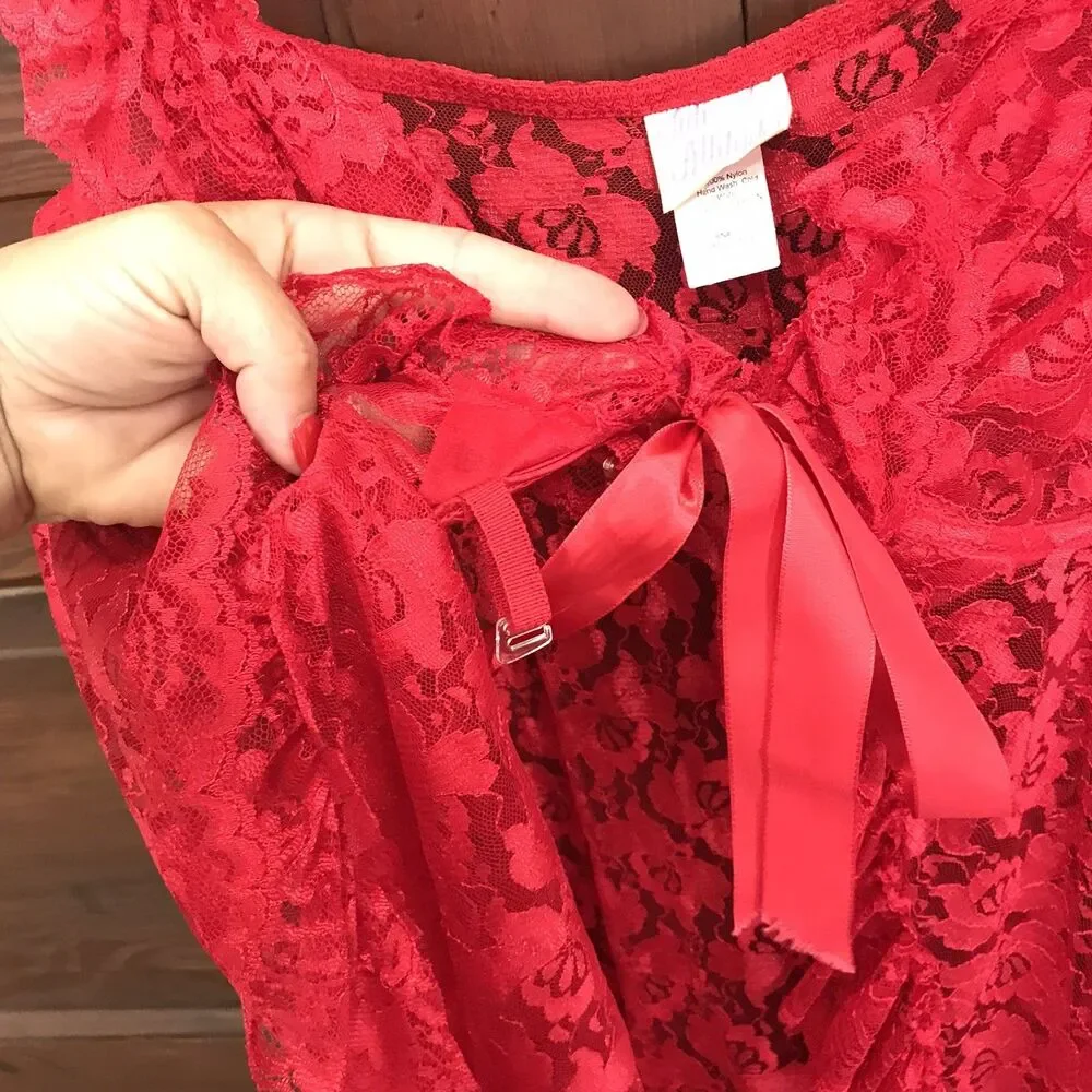 Red Lace Gown Lingerie Thong Bottoms XXL 2X Romantic Boudoir Sheer Floral